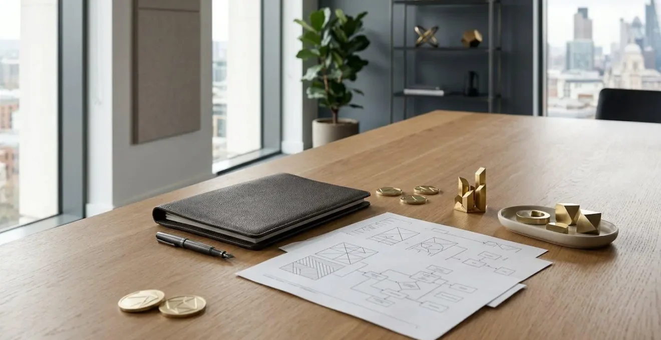 Professional editorial photograph showing a sophisticated financial planning concept with strategic wealth building elements