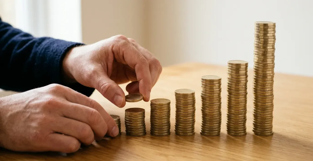 Hands carefully stacking British pound coins into organized columns representing systematic emergency fund growth