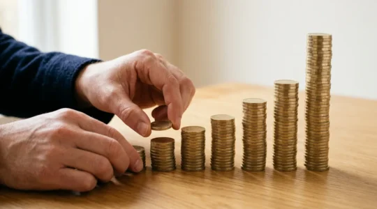 Hands carefully stacking British pound coins into organized columns representing systematic emergency fund growth
