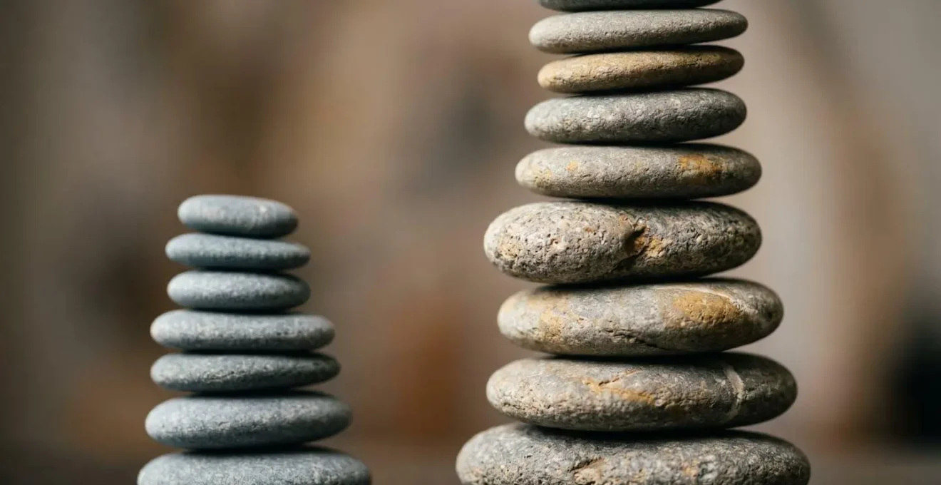 Macro photograph capturing the textural detail of stacked natural stone elements with varied heights representing differential investment growth trajectories, shot with extreme shallow depth of field
