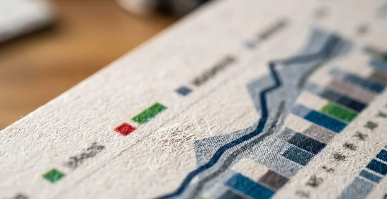 Macro detail of financial document showing payment trend patterns with analytical focus