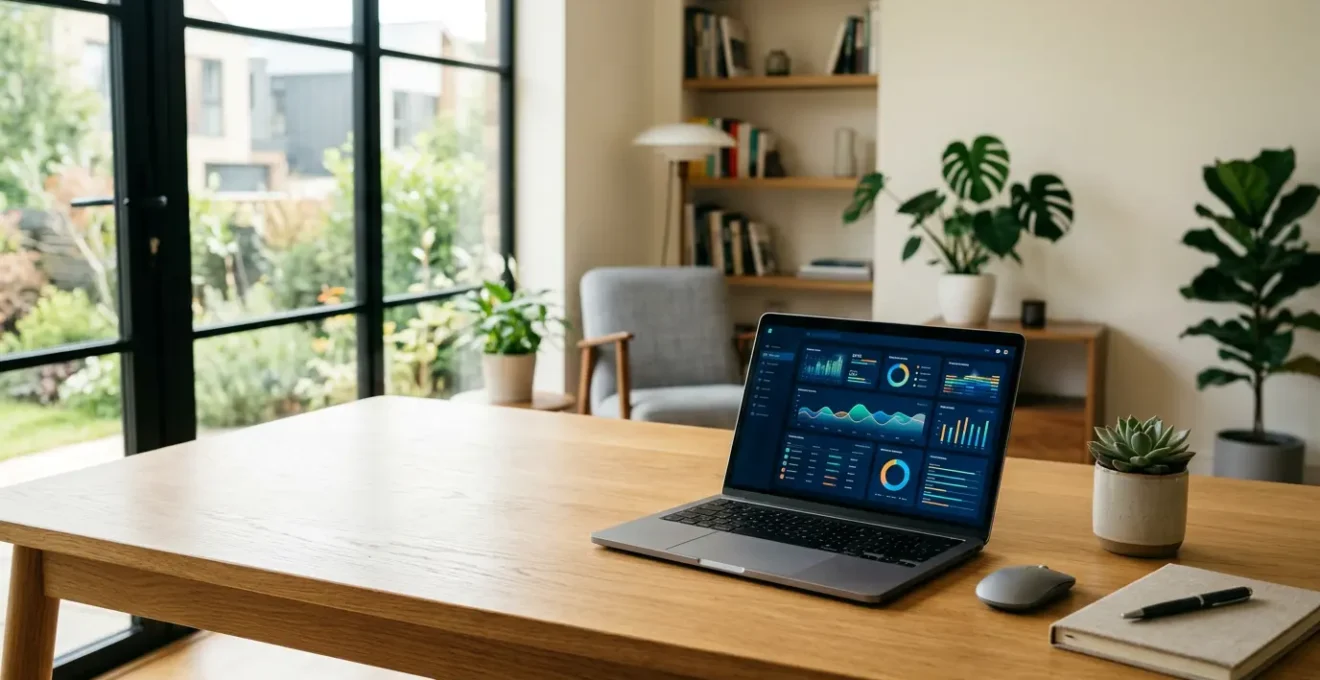Professional landlord reviewing automated rent collection dashboard with positive cash flow indicators