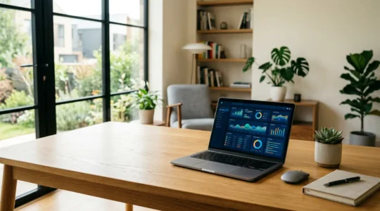 Professional landlord reviewing automated rent collection dashboard with positive cash flow indicators