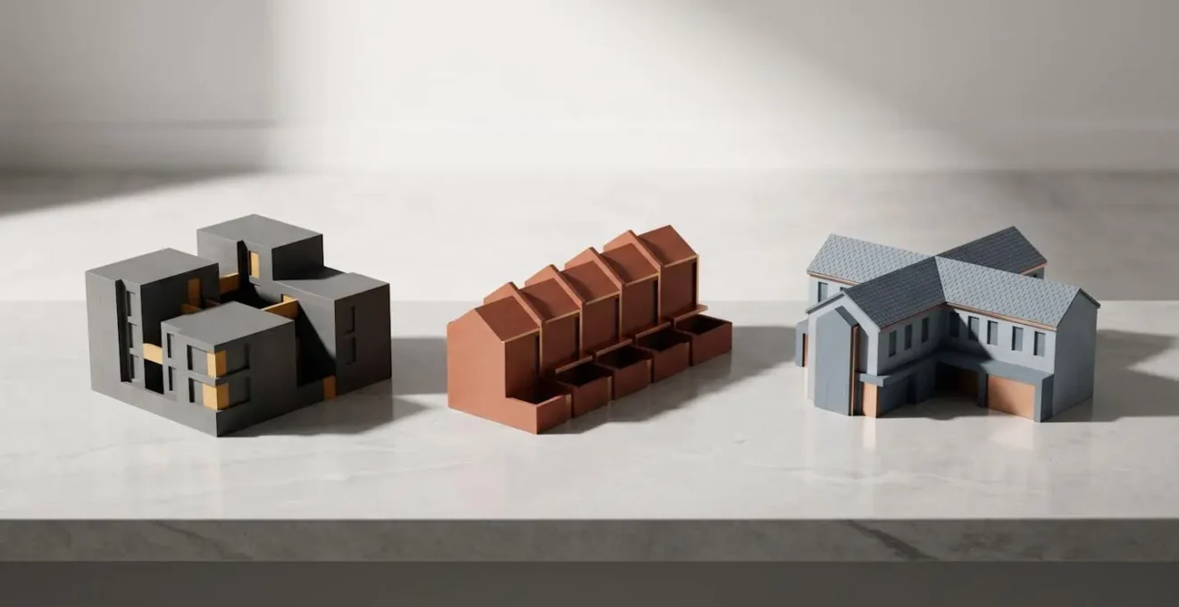 Diverse UK residential property types representing balanced investment portfolio strategy