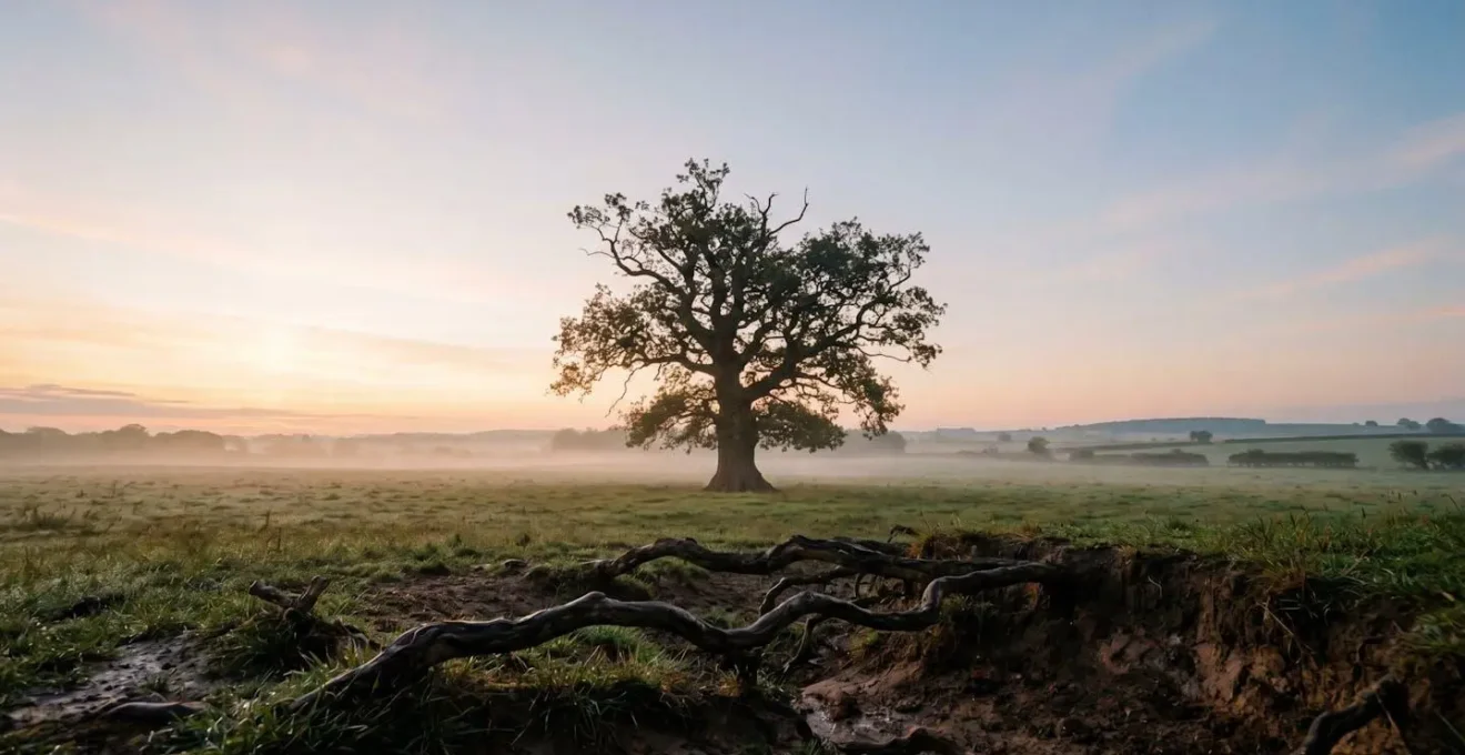 A strong, mature oak tree with deep roots visible, symbolizing the financial stability and consistent dividend growth of a resilient company through economic cycles.