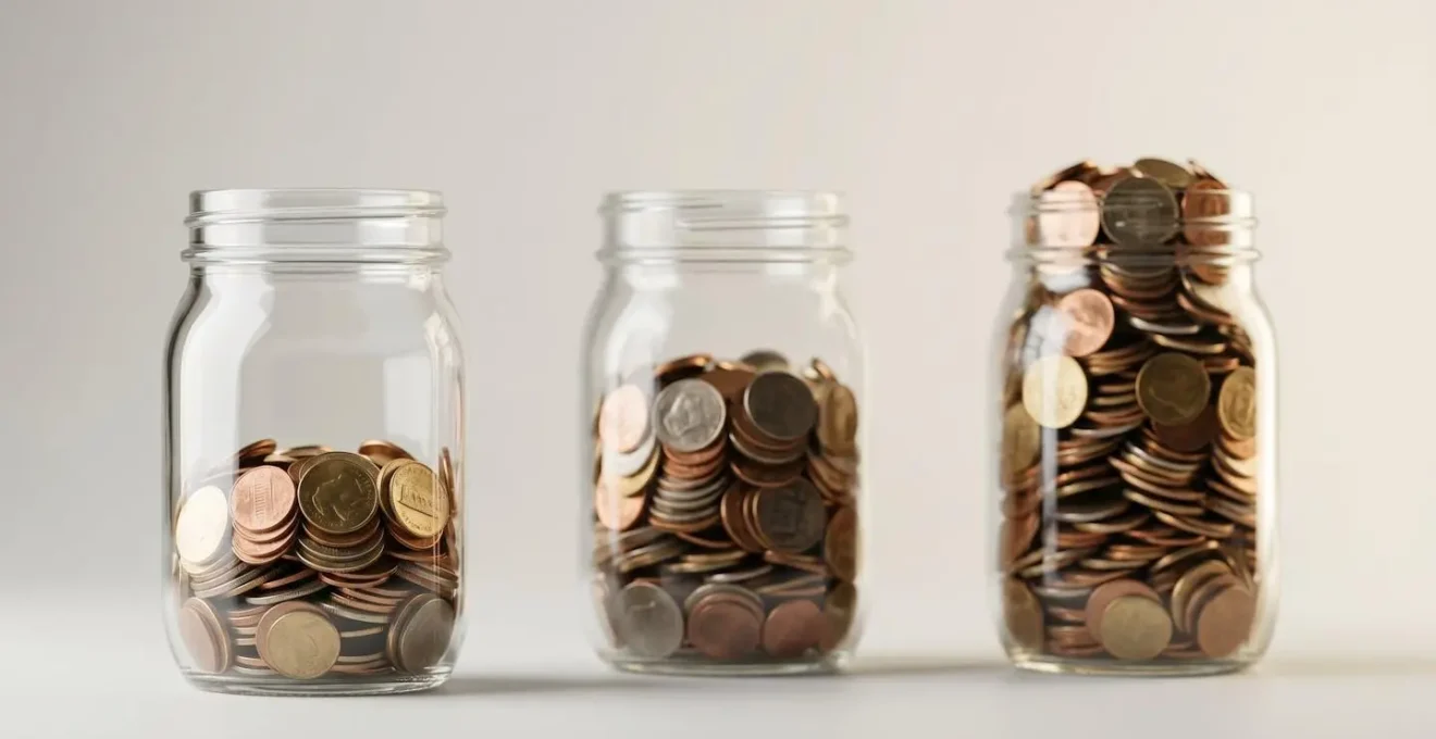 Three transparent glass jars filled with progressively increasing amounts of coins representing emergency fund growth stages