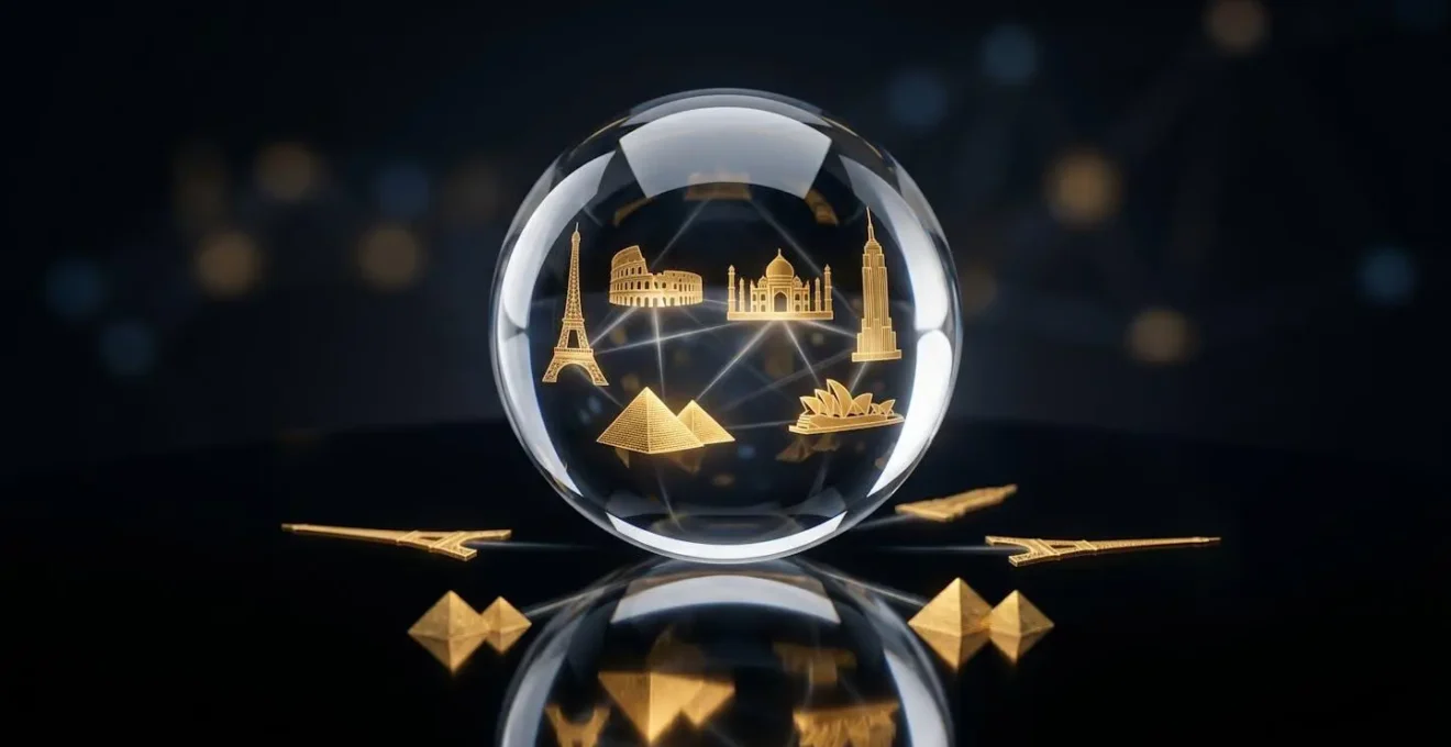 Abstract representation of global market diversification through interconnected spheres