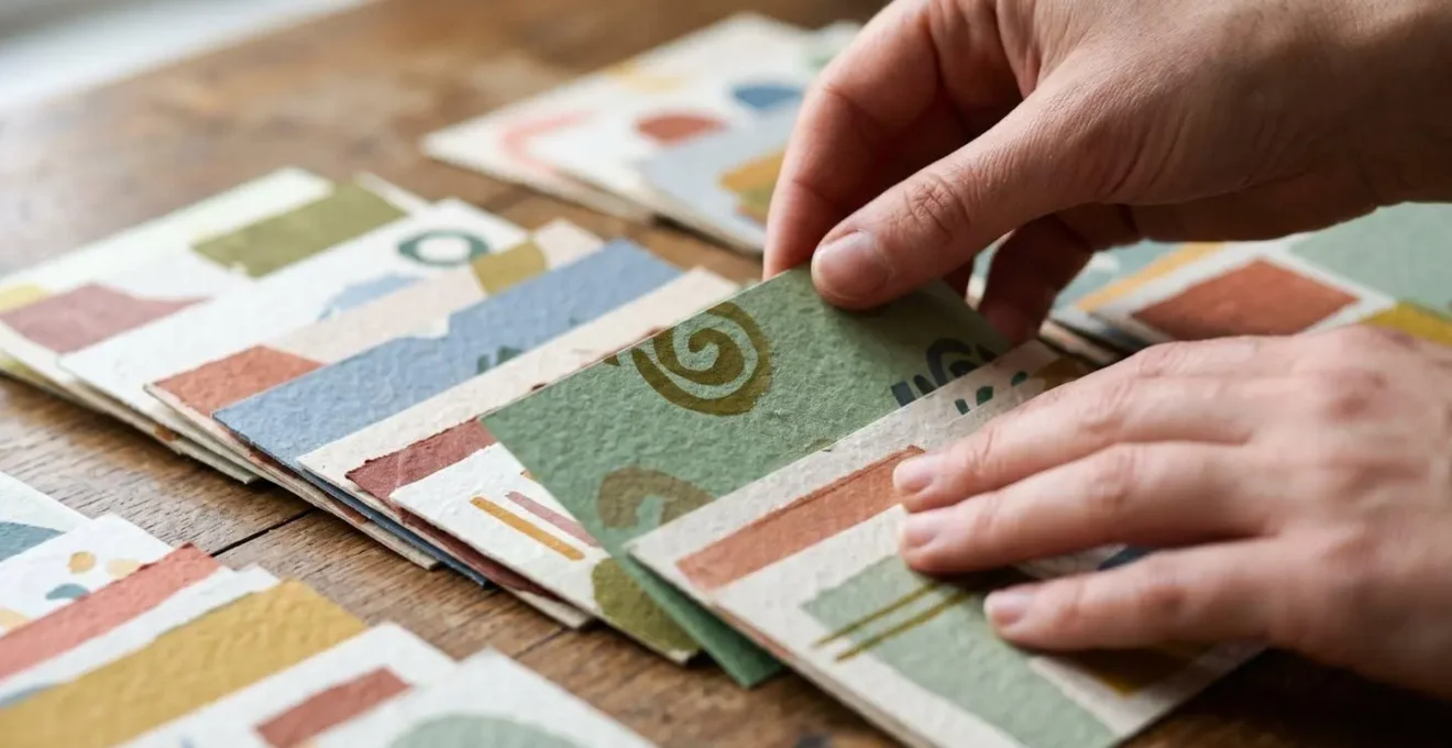 Close-up of hands sorting expense categories with emotional context tags