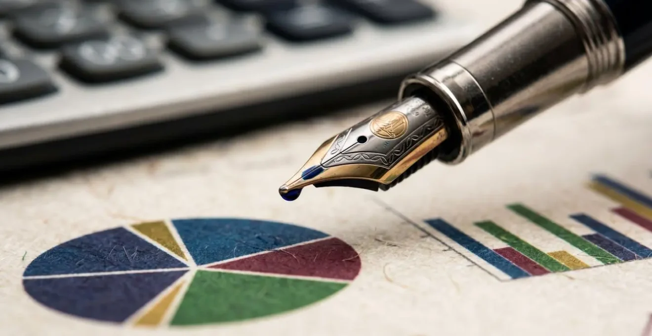 Close-up macro shot of calculator keys and pen tip on financial planning paper