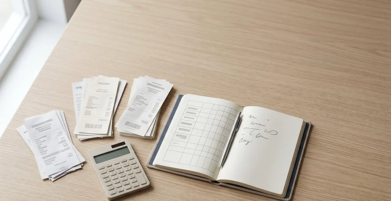 Minimalist workspace with organized expense receipts and calculator showing systematic budget analysis