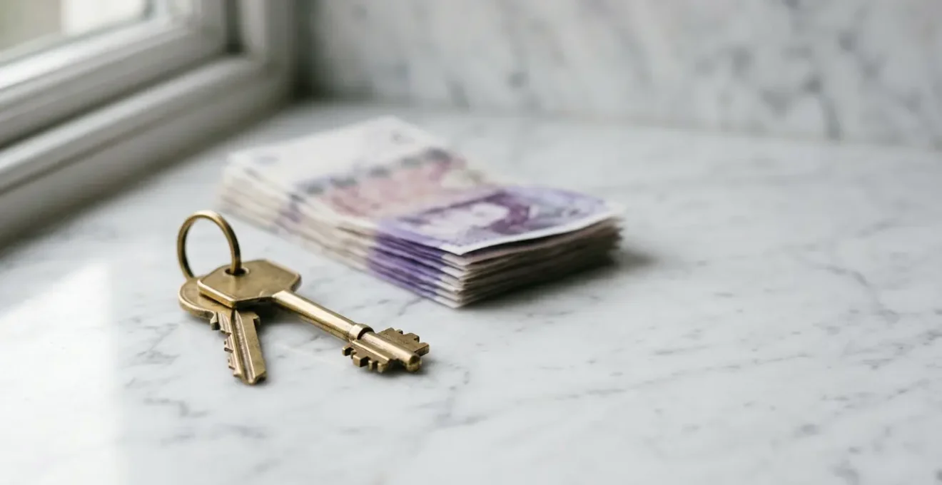 Professional property investment concept showing keys and property documents with £50,000 deposit planning