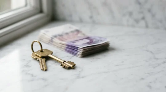 Professional property investment concept showing keys and property documents with £50,000 deposit planning