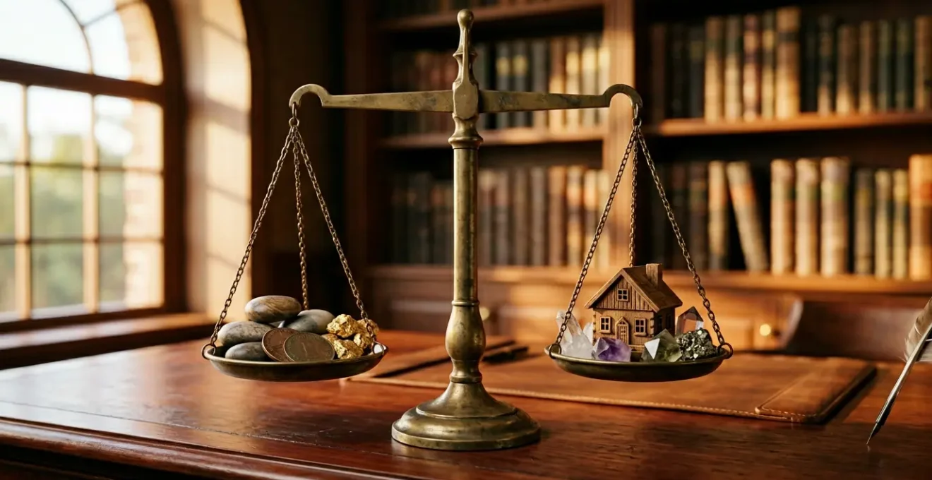 Balanced portfolio visualization showing five diverse investment assets weathering market conditions