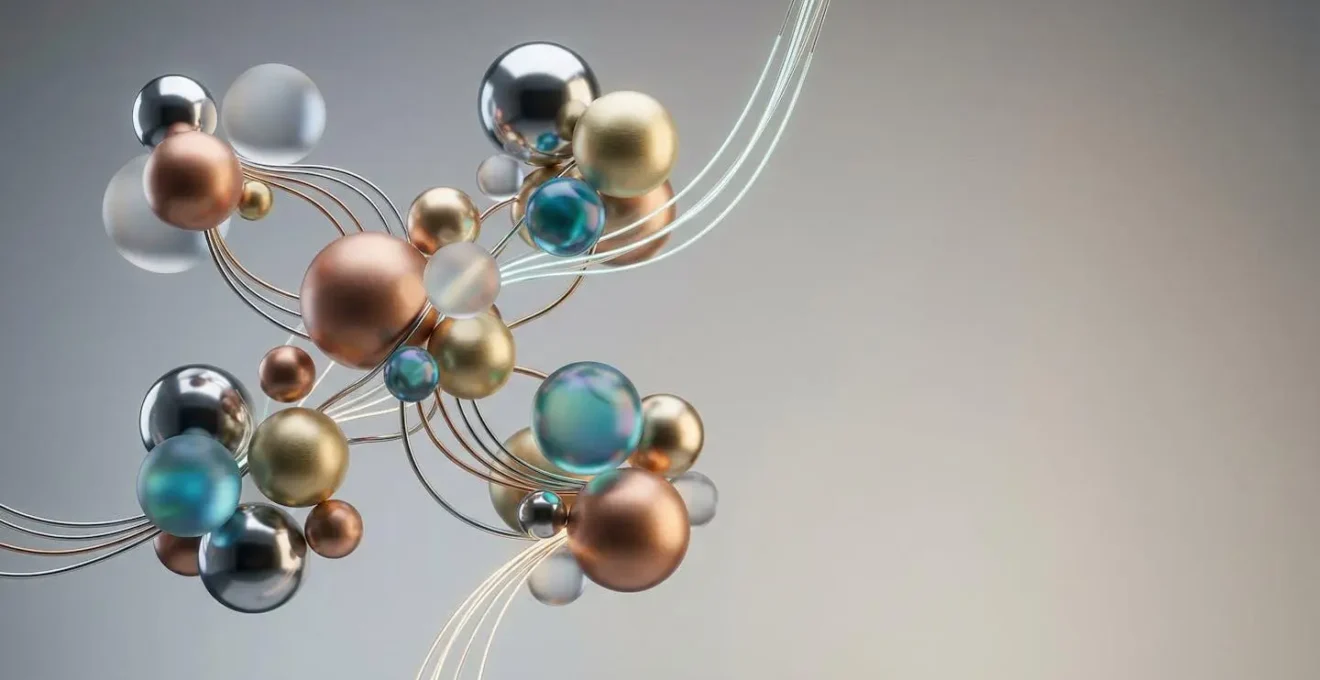 Professional composition showing abstract global market connectivity through spherical elements representing different economies, connected by flowing metallic networks, photographed with shallow depth of field against clean minimalist background