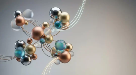 Professional composition showing abstract global market connectivity through spherical elements representing different economies, connected by flowing metallic networks, photographed with shallow depth of field against clean minimalist background
