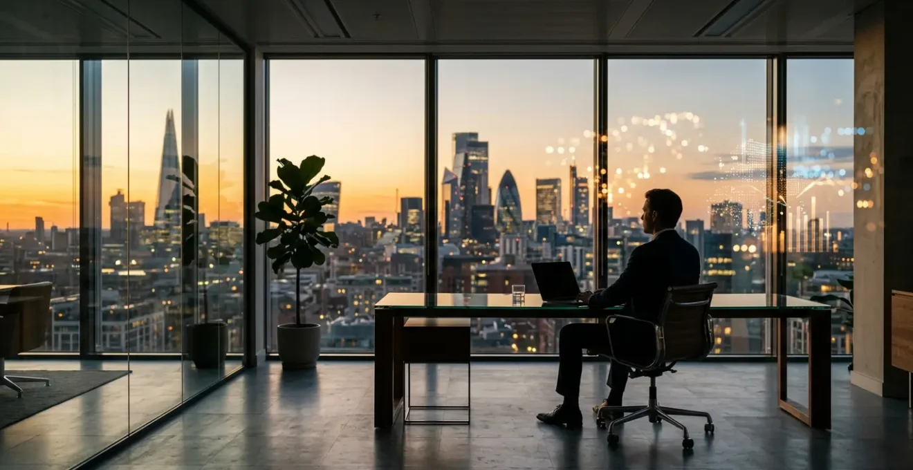 Professional investor analyzing global ETF portfolio growth on multiple screens in modern office