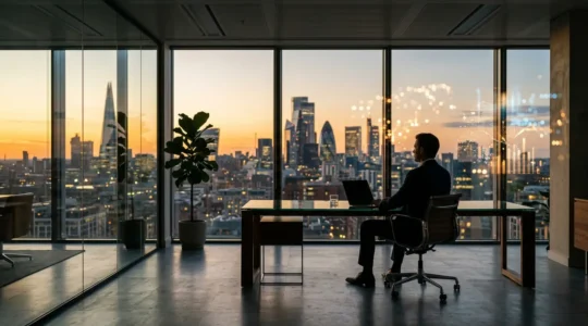 Professional investor analyzing global ETF portfolio growth on multiple screens in modern office