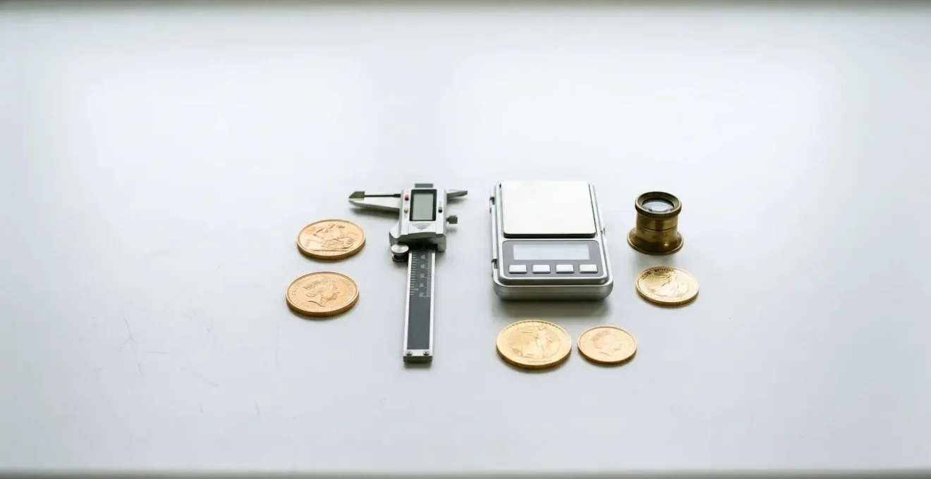 Professional gold coin authentication setup showing precision measurement tools and British gold coins being verified for authenticity