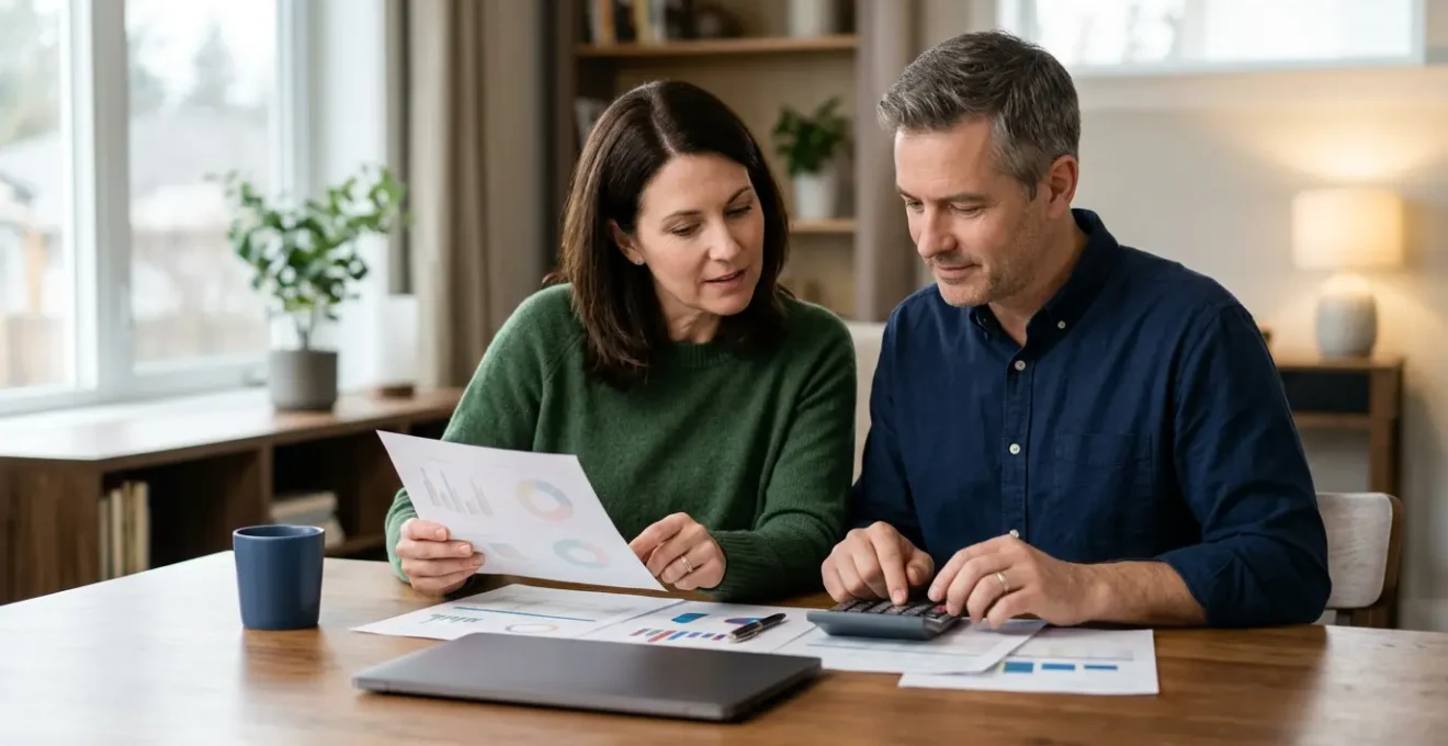 Professional couple reviewing financial documents together at modern dining table with calculator and laptop in background
