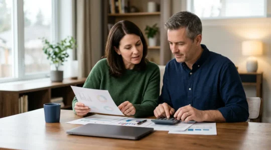 Professional couple reviewing financial documents together at modern dining table with calculator and laptop in background