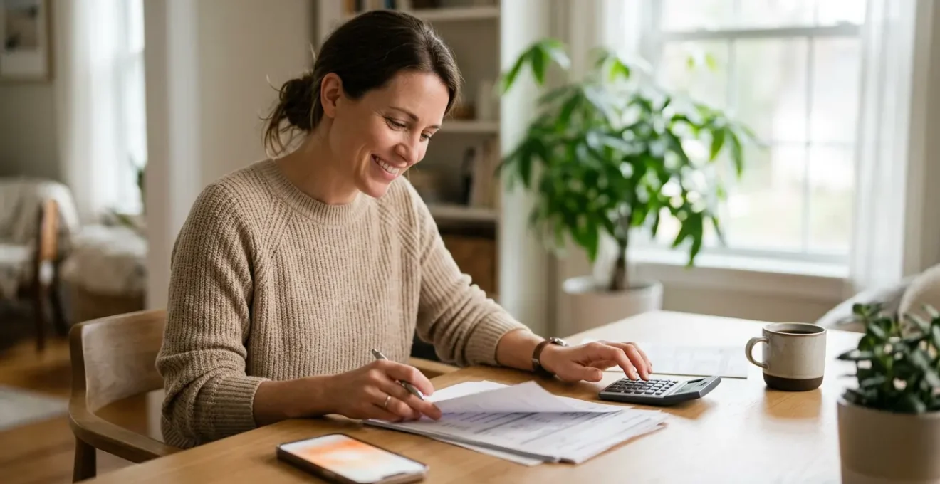 Person reviewing financial documents with calculator and smartphone displaying savings account balance