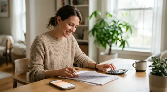 Person reviewing financial documents with calculator and smartphone displaying savings account balance