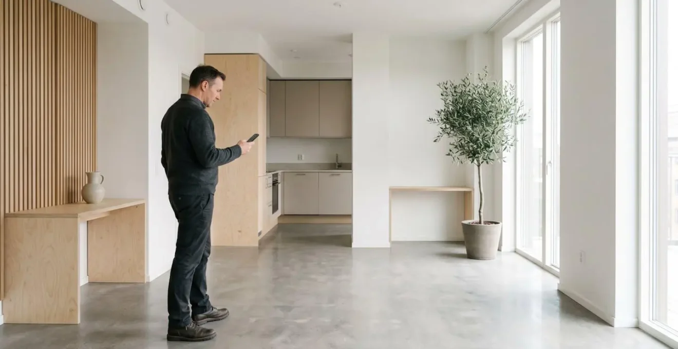 Landlord conducting property inspection while documenting condition with smartphone camera in rental property