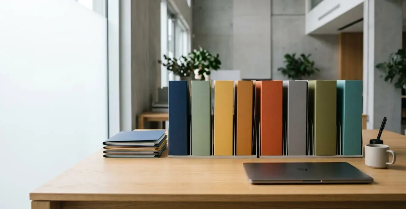 Organized filing system with property management documents in minimalist office setting