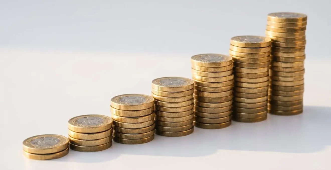 Stack of coins growing progressively taller representing compound growth over time