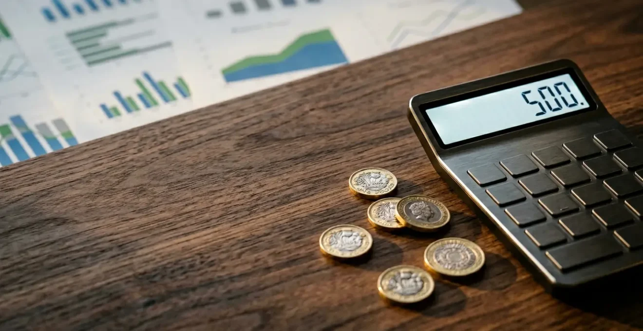 Strategic investment planning workspace with financial calculator, charts and coins in focus