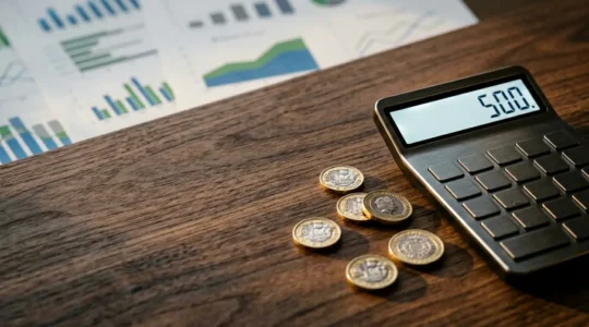 Strategic investment planning workspace with financial calculator, charts and coins in focus