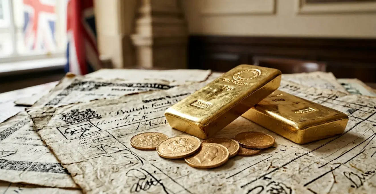 Physical gold bars and sovereign coins arranged on authentic British vault documentation showcasing premium investment metals