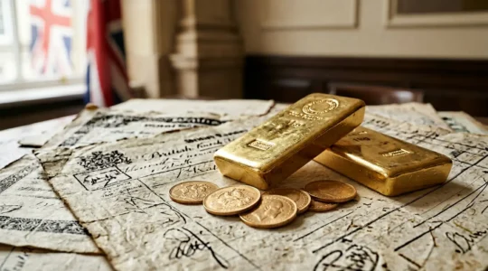 Physical gold bars and sovereign coins arranged on authentic British vault documentation showcasing premium investment metals