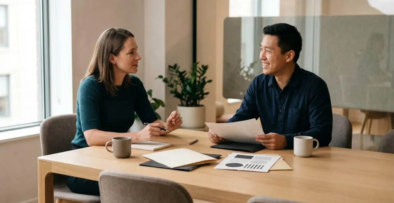 Landlord and tenant reviewing lease agreement in bright modern office with collaborative atmosphere