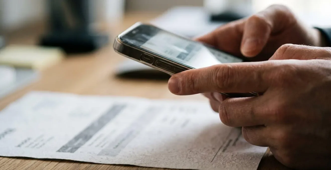 Close-up of landlord using mobile device to capture property maintenance receipts for digital expense tracking
