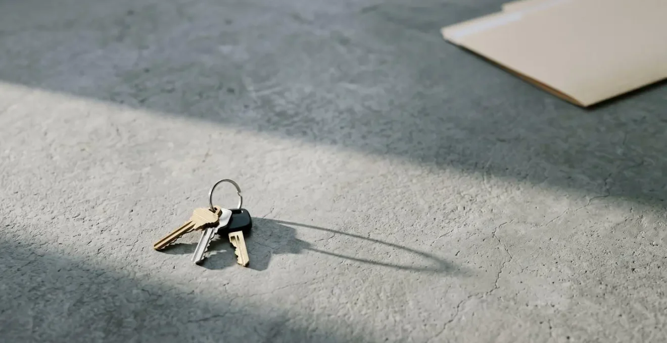 Minimalist composition showing property keys and financial documents in dramatic lighting representing investment pressure