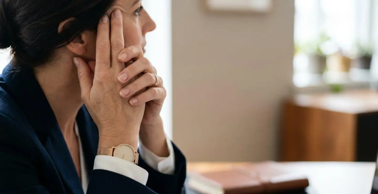 Contemplative scene showing a person's hands in decision-making gesture with balanced elements representing financial choices