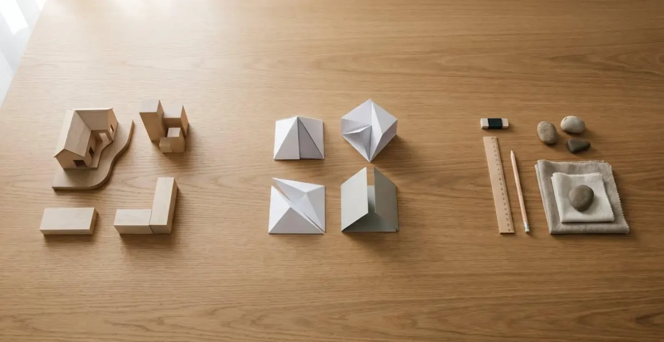 Visual representation of a decision-making process for choosing a first income-producing asset, showing three distinct pathways on a table.