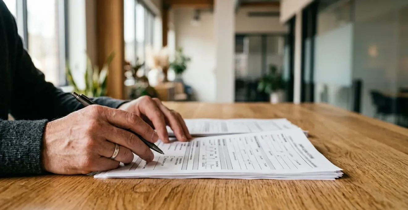 Professional landlord reviewing comprehensive tenant screening documents with financial data analysis