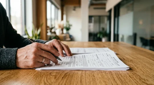 Professional landlord reviewing comprehensive tenant screening documents with financial data analysis