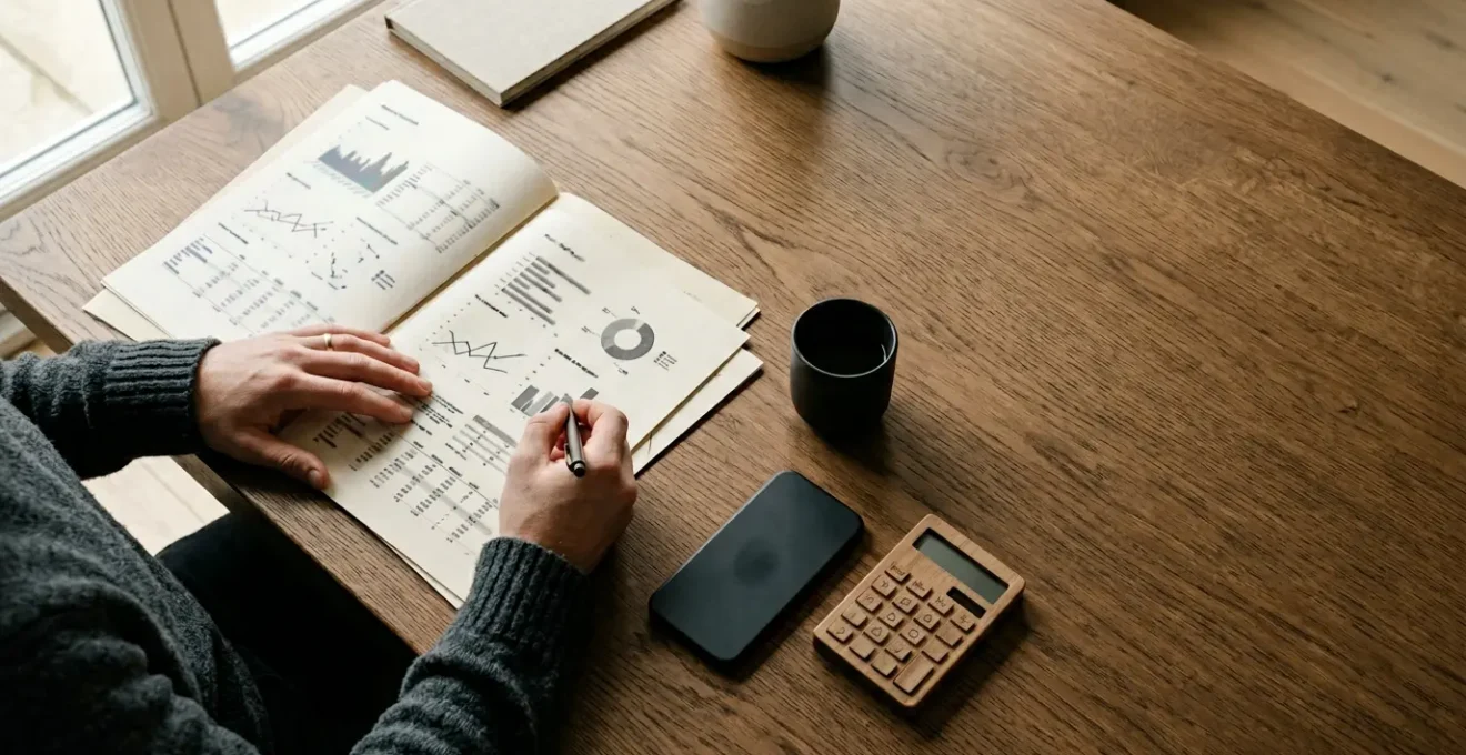 Overhead view of personal budgeting workspace with calculator and financial documents