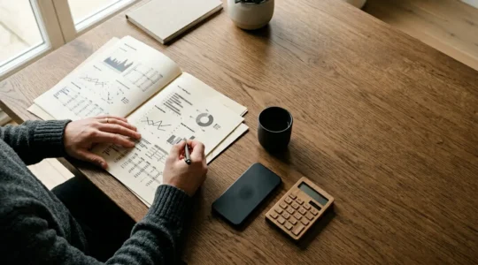 Overhead view of personal budgeting workspace with calculator and financial documents