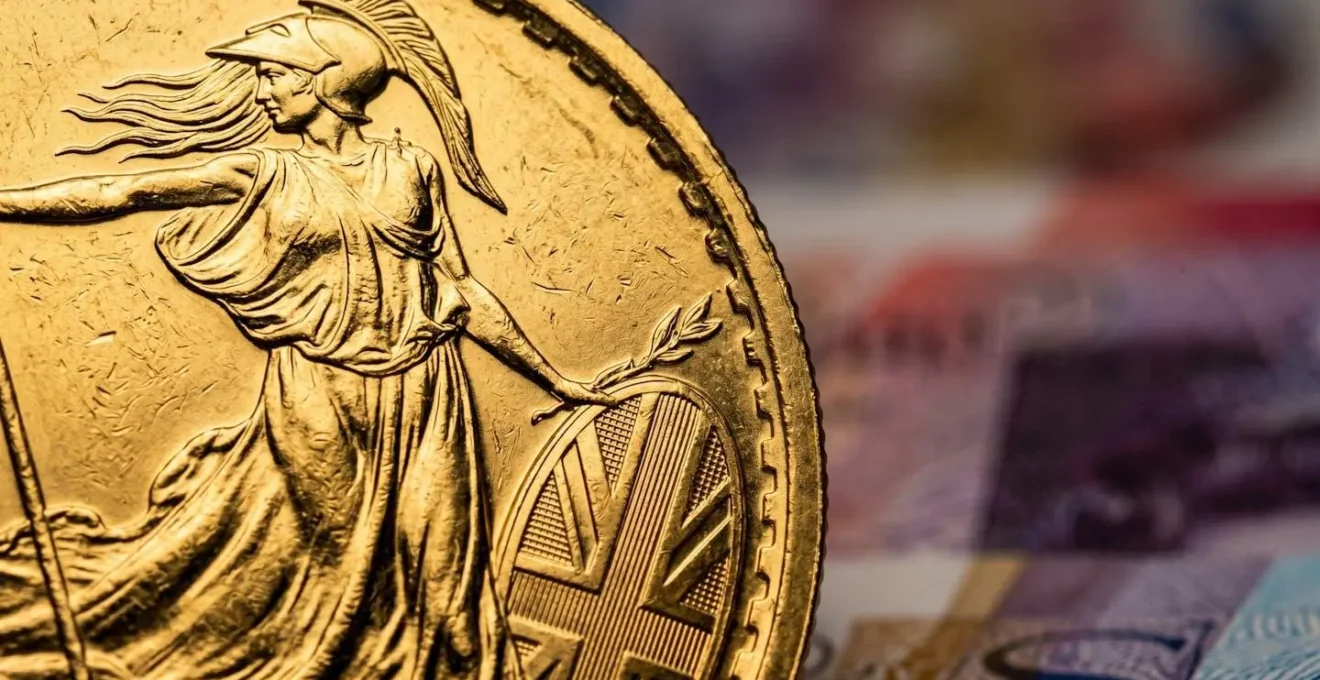 Abstract representation of UK monetary policy impact with gold coins symbolizing wealth preservation against currency debasement