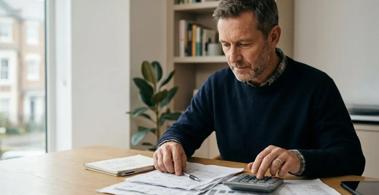 Professional landlord reviewing financial documents and property management calculations for buy-to-let investment