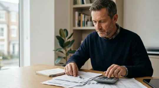 Professional landlord reviewing financial documents and property management calculations for buy-to-let investment