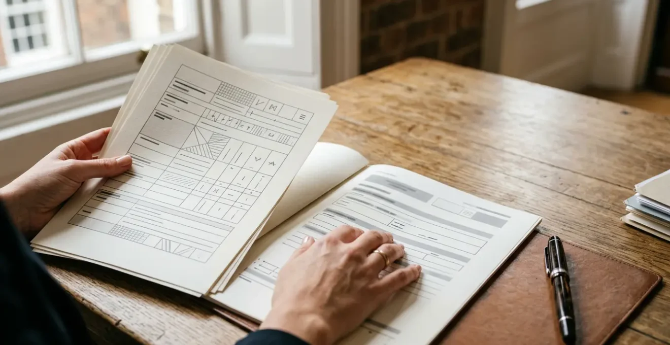 Professional landlord reviewing legal compliance documents at modern workspace with natural lighting