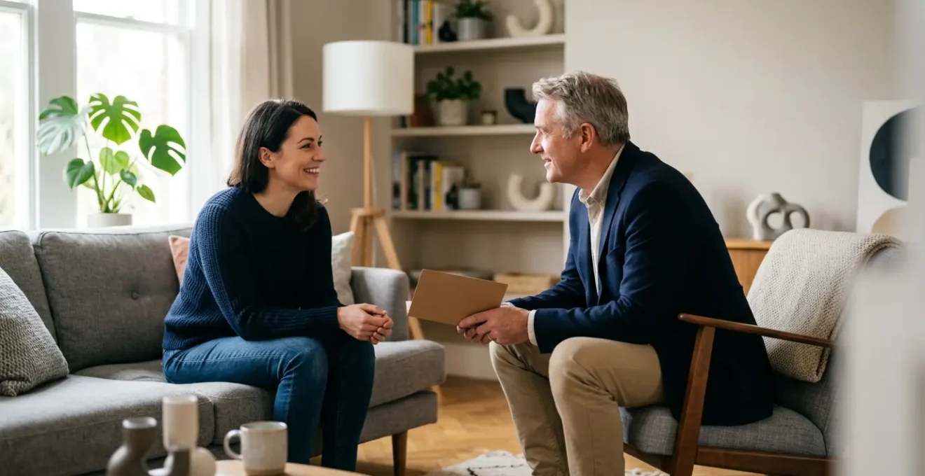 Professional landlord reviewing rental property management documents with satisfied tenant in modern UK home