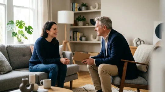 Professional landlord reviewing rental property management documents with satisfied tenant in modern UK home