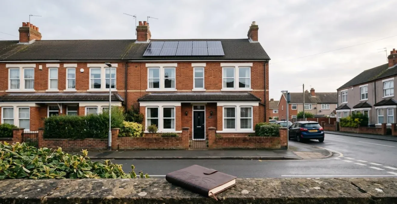 Environmental wide shot showing a UK rental property within the context of strategic long-term investment planning