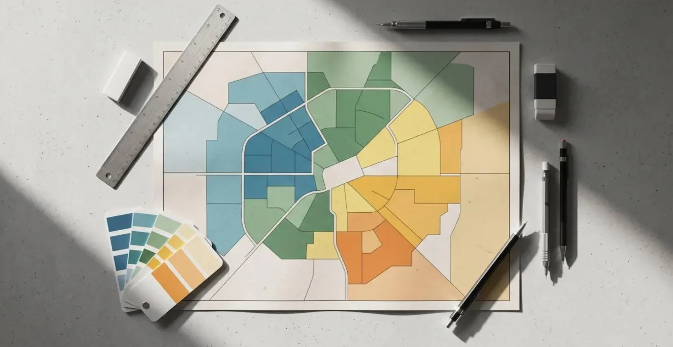 Architectural map showing property location analysis with neighborhood boundaries and demographic patterns